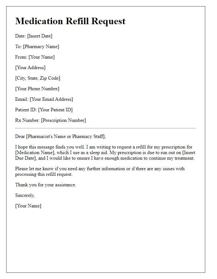 Letter template of medication refill request for sleep aid prescription