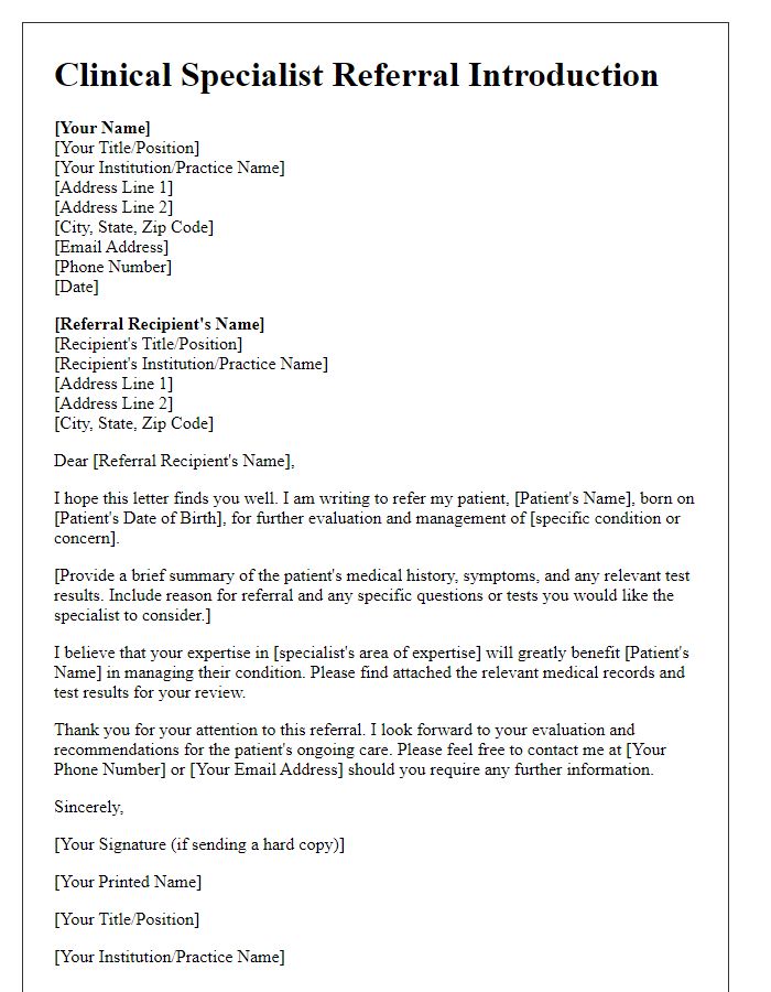 Letter template of clinical specialist referral introduction