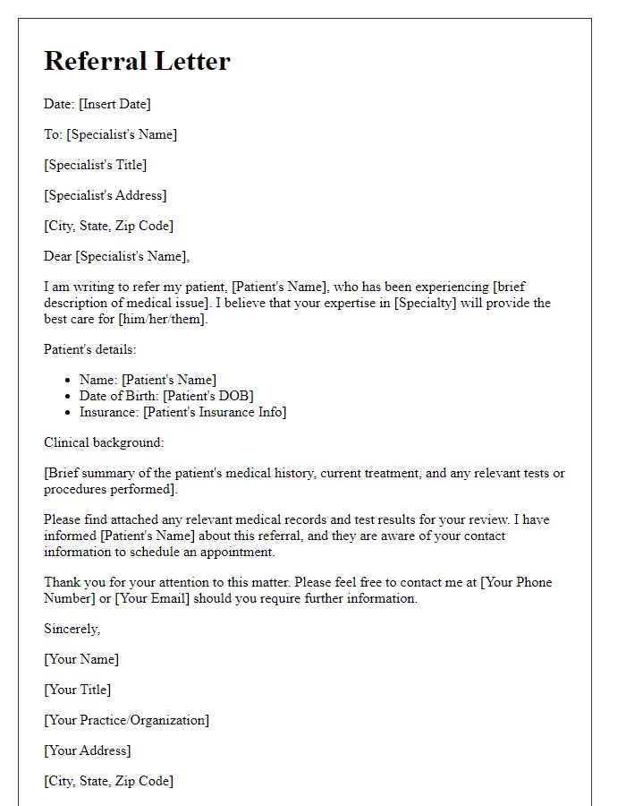 Letter template of healthcare specialist referral introduction