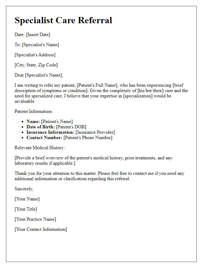 Letter template of specialist care referral introduction