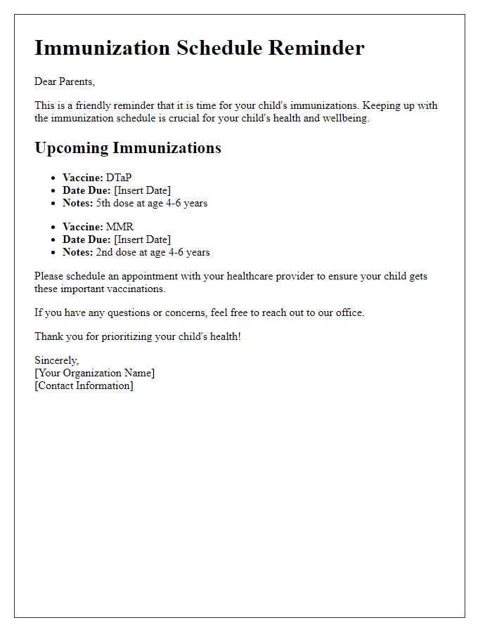 Letter template of immunization schedule reminder for parents