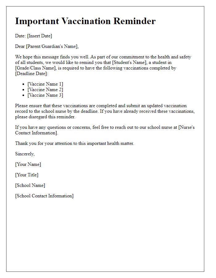 Letter template of school-required vaccination reminder