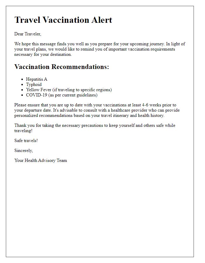 Letter template of travel vaccination alert for travelers