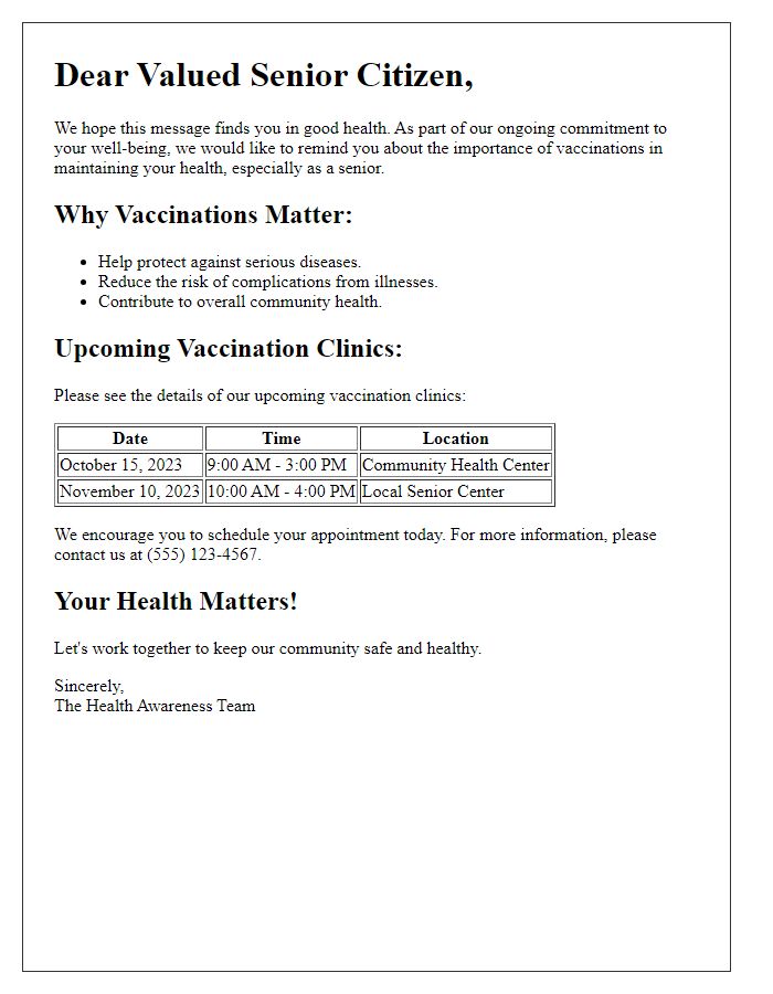 Letter template of vaccination awareness notice for seniors