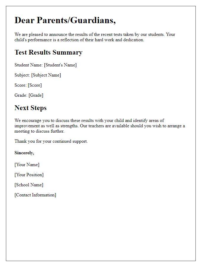 Letter template of test results announcement for parents.