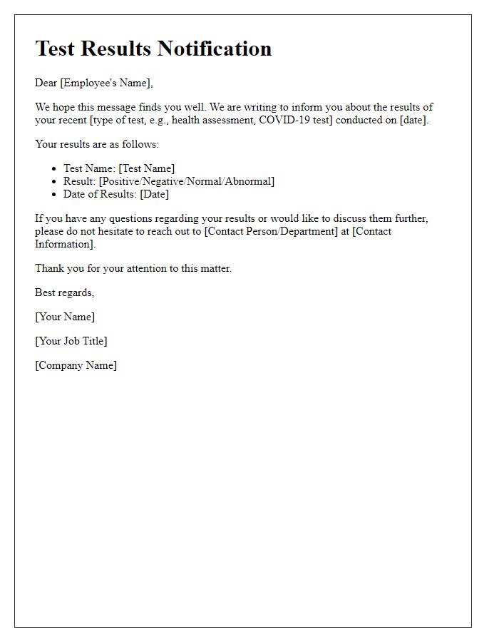 Letter template of test results communication for employees.