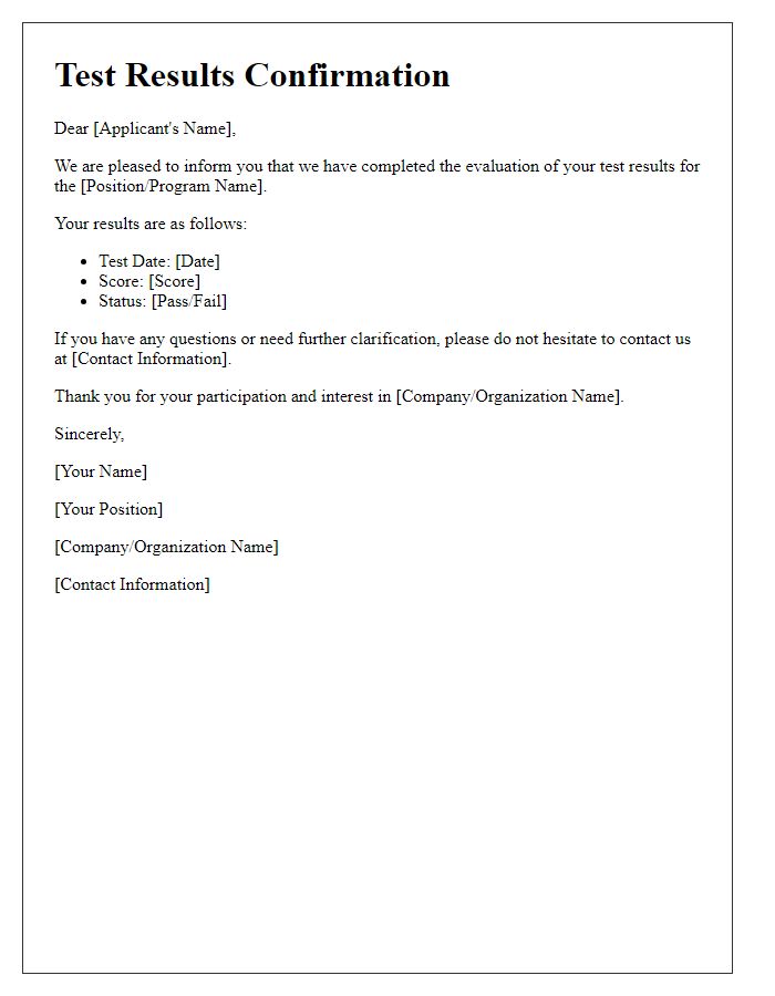 Letter template of test results confirmation for applicants.