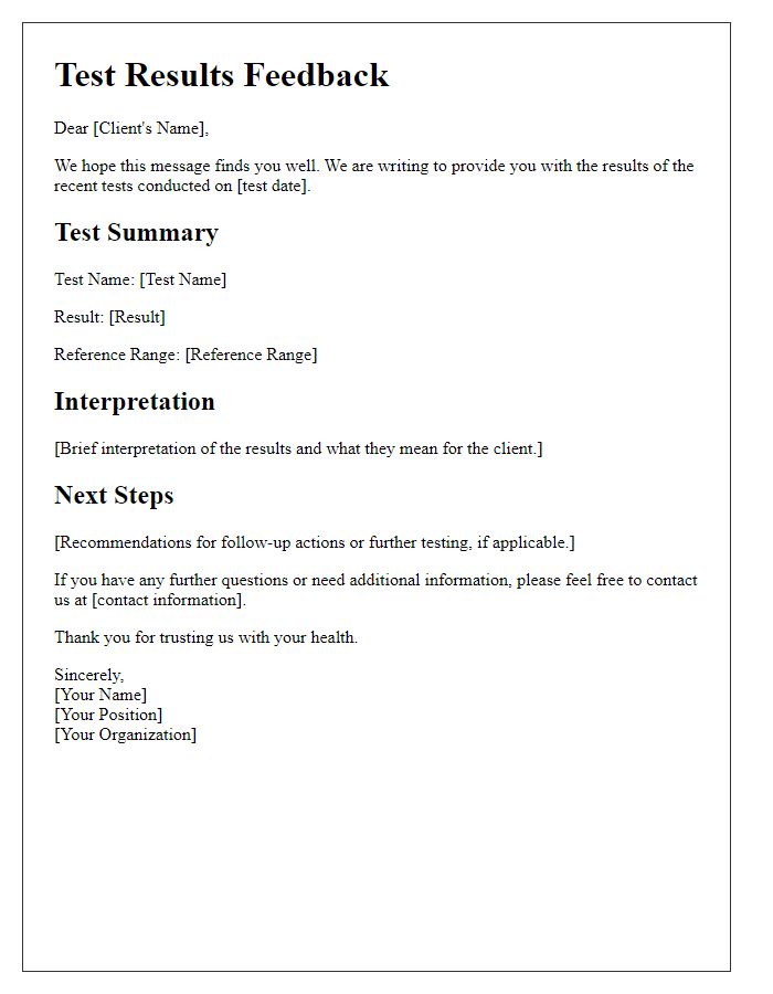 Letter template of test results feedback for clients.