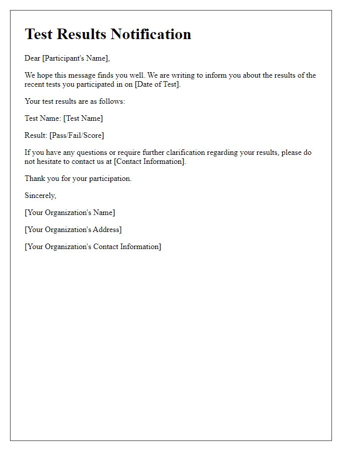 Letter template of test results notification for participants.