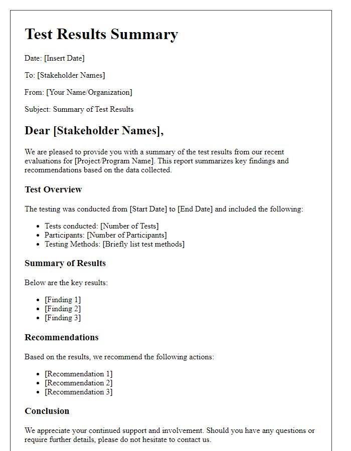 Letter template of test results summary for stakeholders.