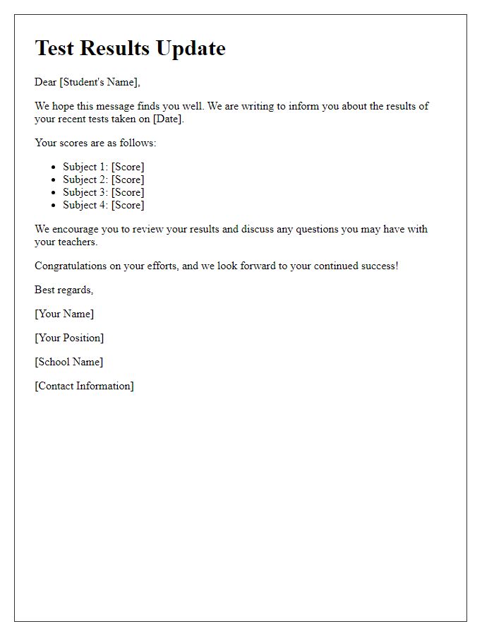 Letter template of test results update for students.