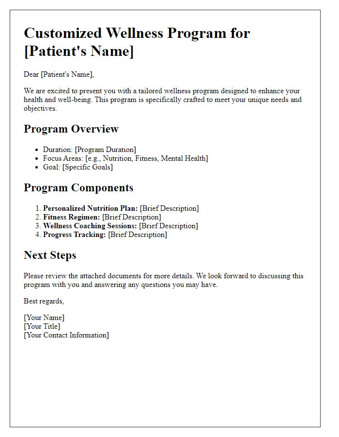 Letter template of customized wellness program for patients