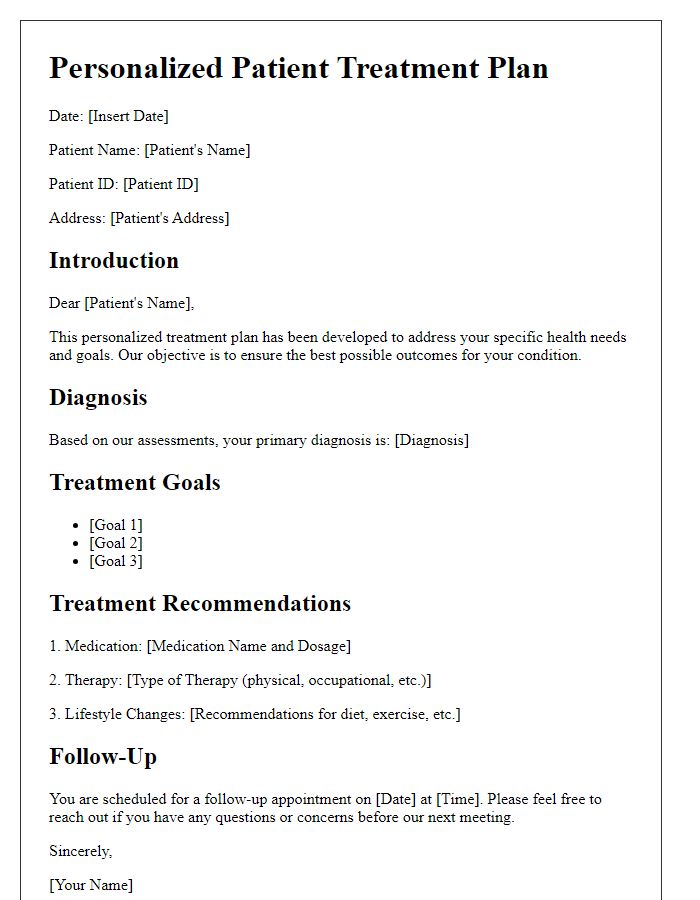 Letter template of personalized patient treatment plan