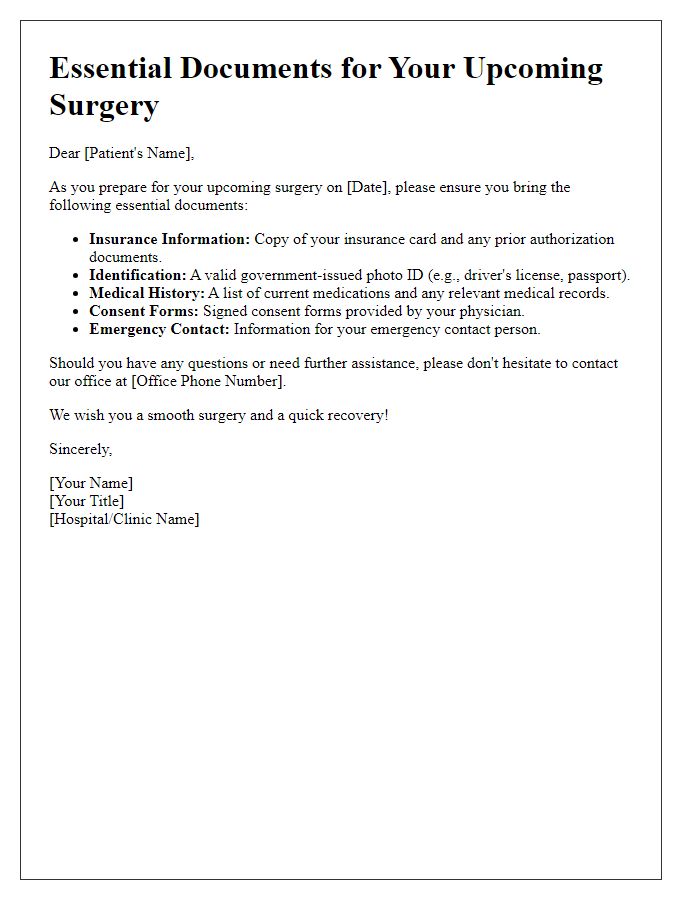 Letter template of essential documents to bring for surgery