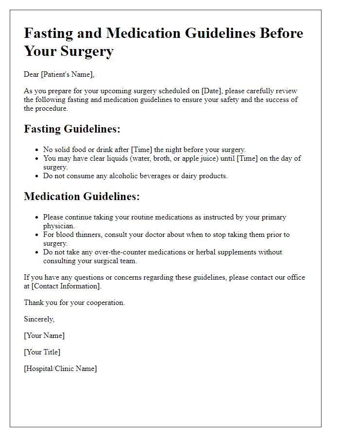 Letter template of fasting and medication guidelines before surgery