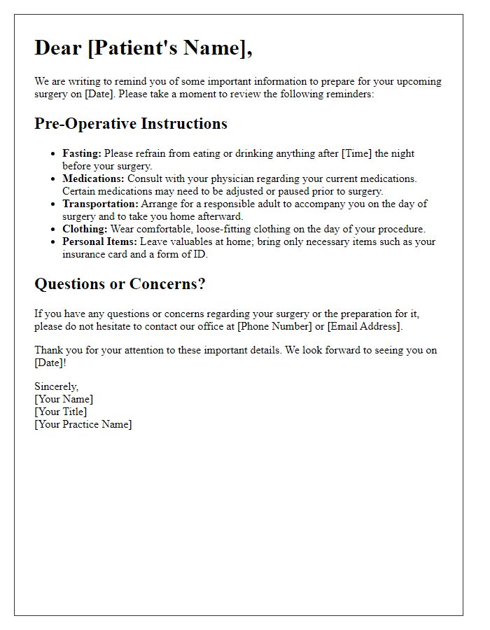 Letter template of important pre-op reminders for patients