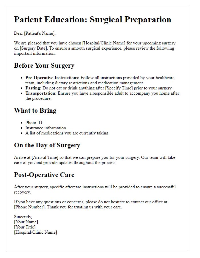 Letter template of patient education for surgical preparation