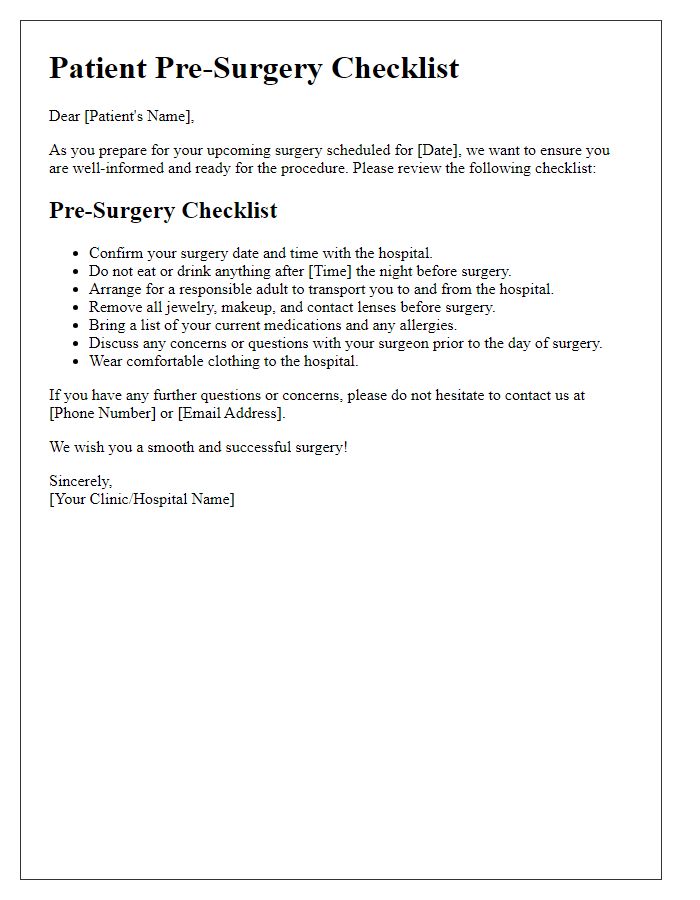 Letter template of patient pre-surgery checklist