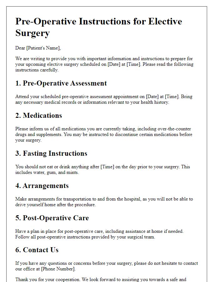 Letter template of pre-operative instructions for elective surgery