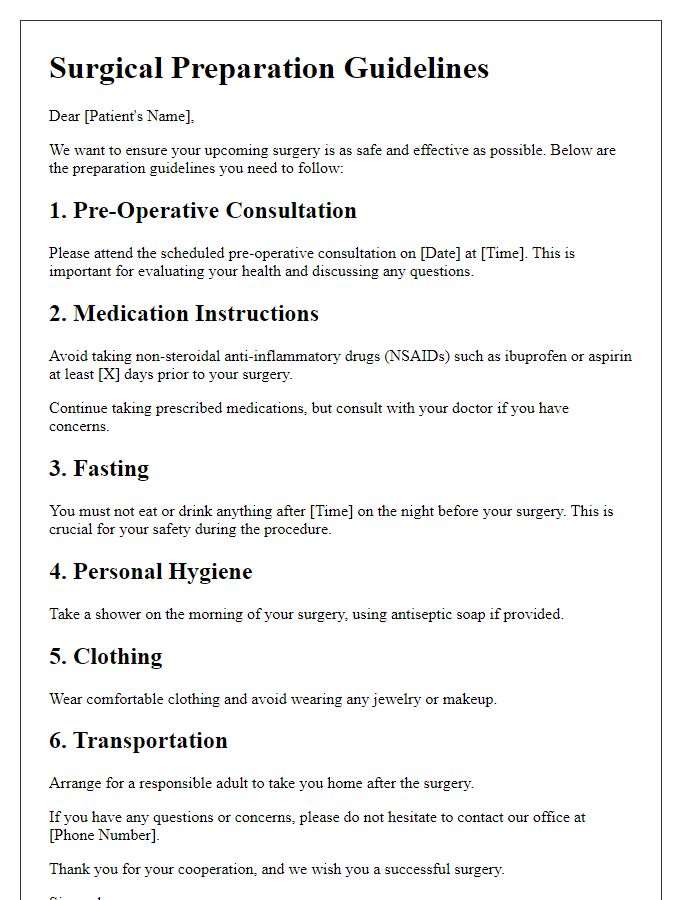 Letter template of surgical preparation guidelines