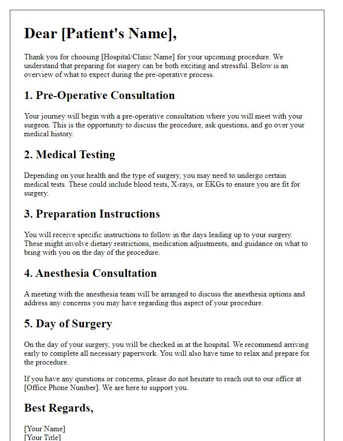 Letter template of what to expect during the pre-operative process