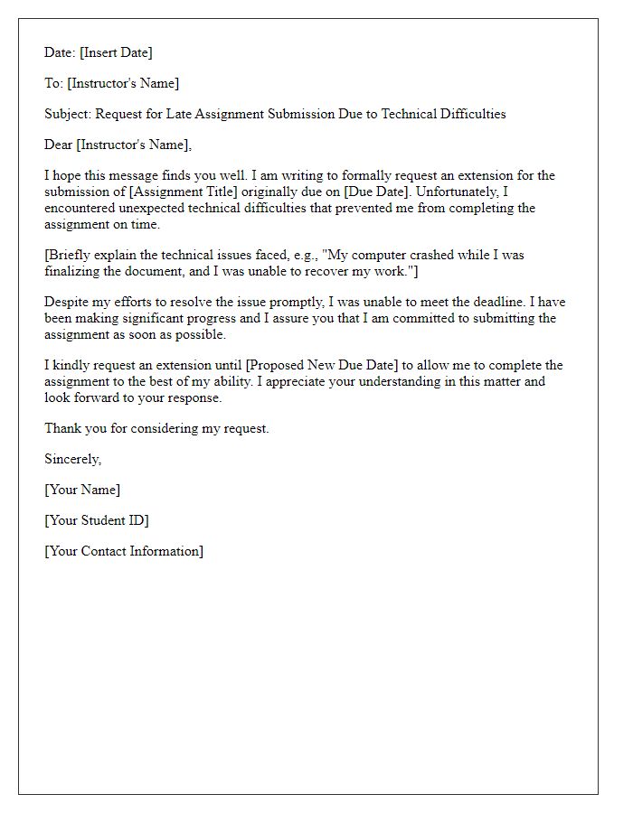 Letter template of late assignment submission request for technical difficulties