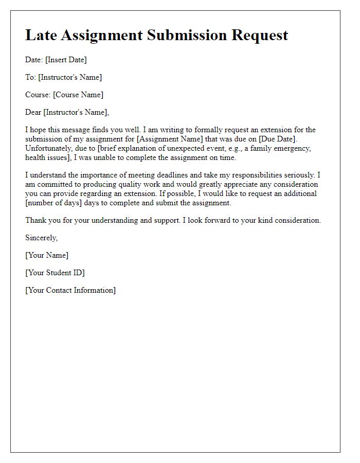 Letter template of late assignment submission request for unexpected events