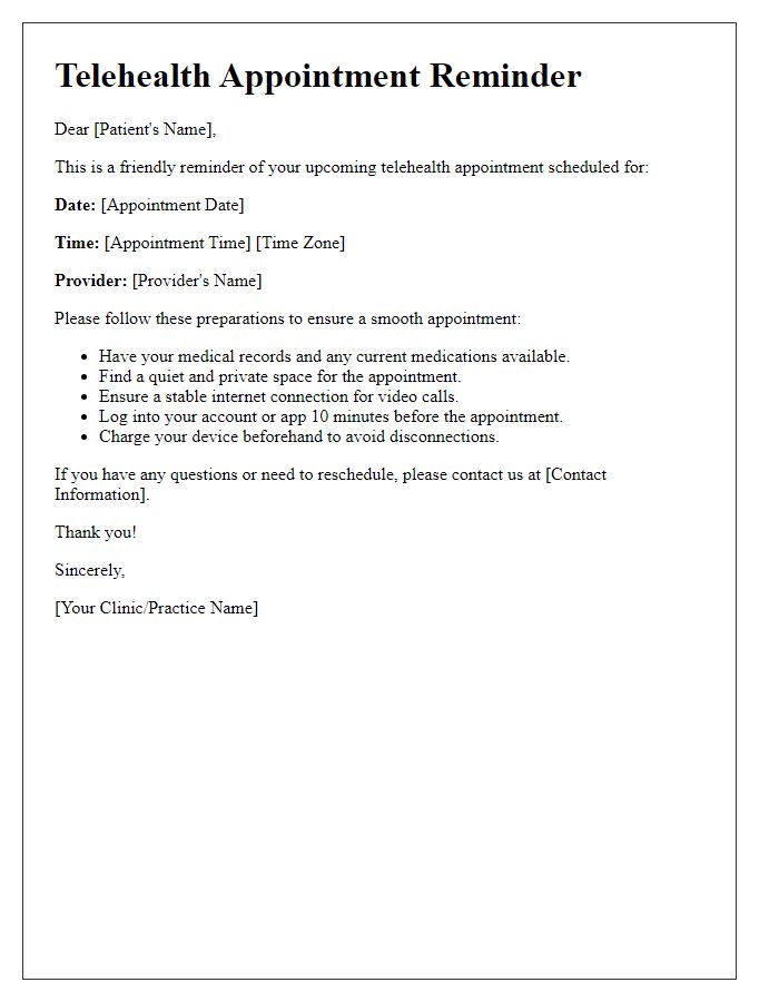 Letter template of telehealth appointment reminders and preparations