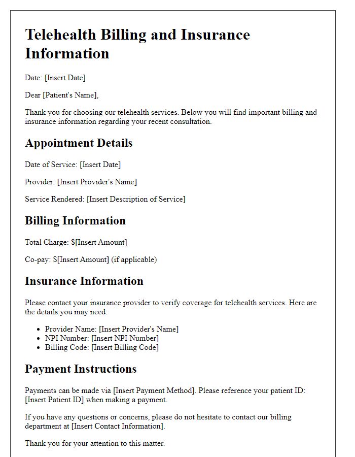 Letter template of telehealth billing and insurance information