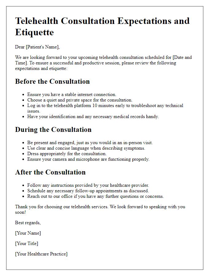 Letter template of telehealth consultation expectations and etiquette