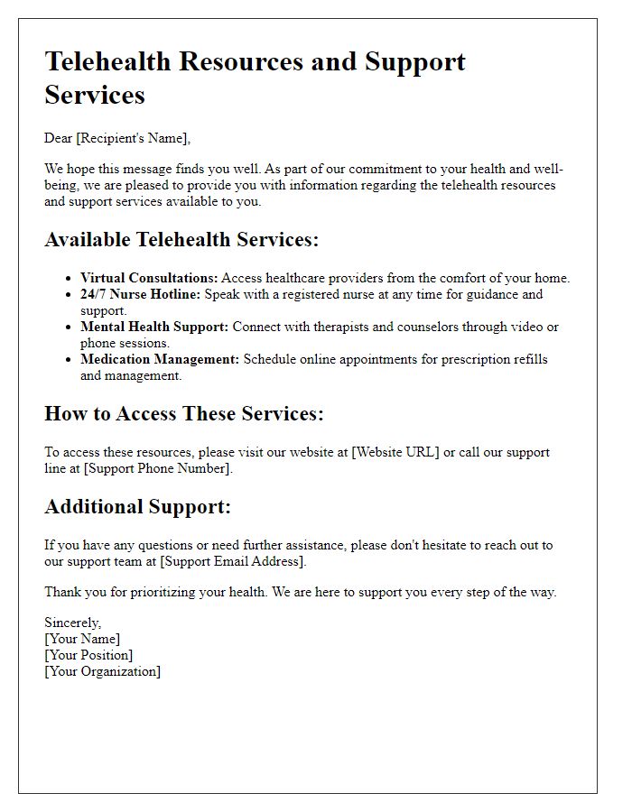 Letter template of telehealth resources and support services available