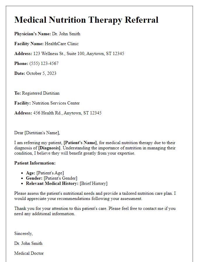 Letter template of medical nutrition therapy referral