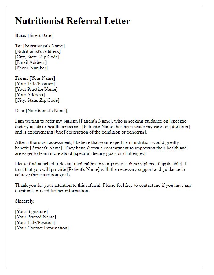 Letter template of nutritionist referral for patient guidance