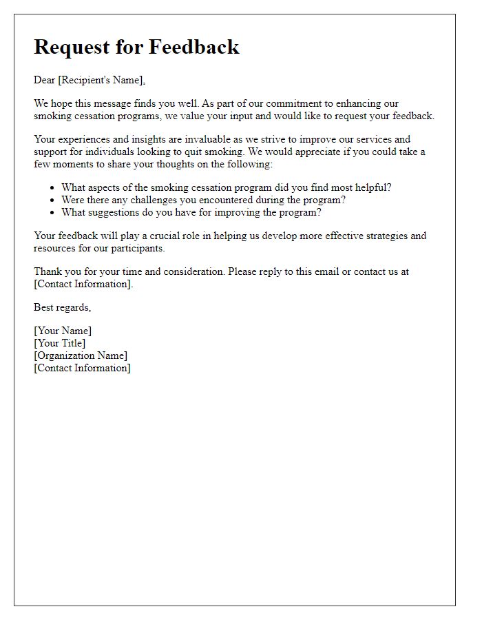 Letter template of feedback request for improving smoking cessation programs.