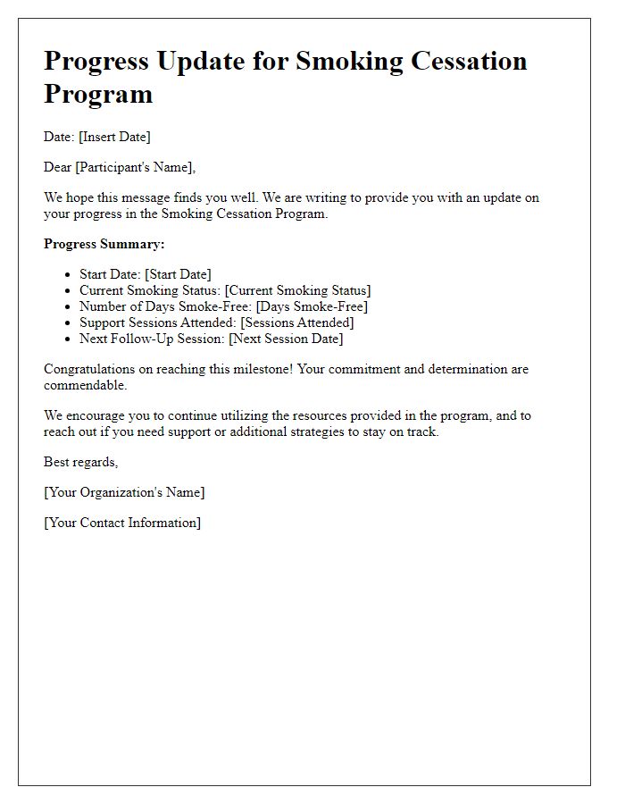 Letter template of progress updates for smoking cessation program participants.