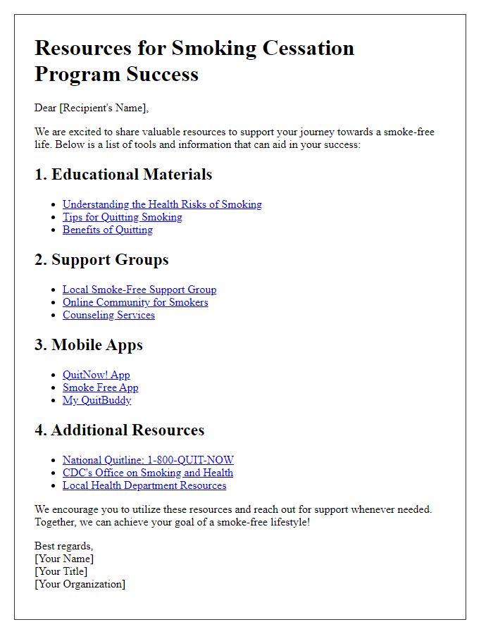 Letter template of resources for smoking cessation program success.