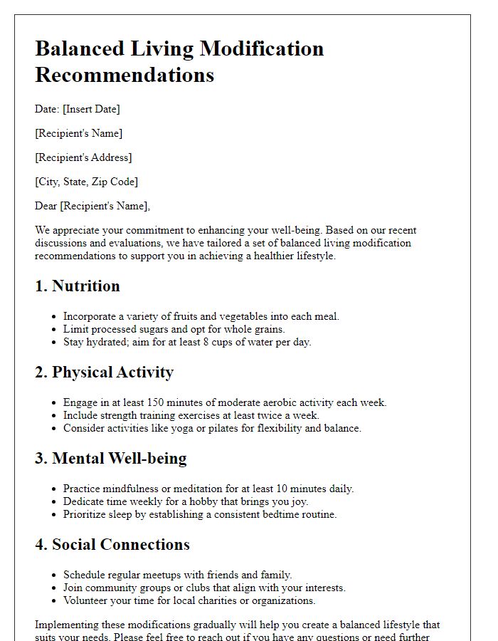 Letter template of balanced living modification recommendations.