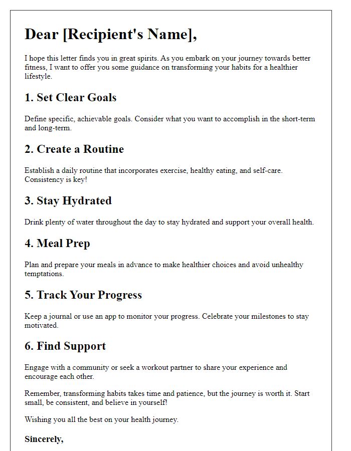 Letter template of habits transformation guidance for better fitness.