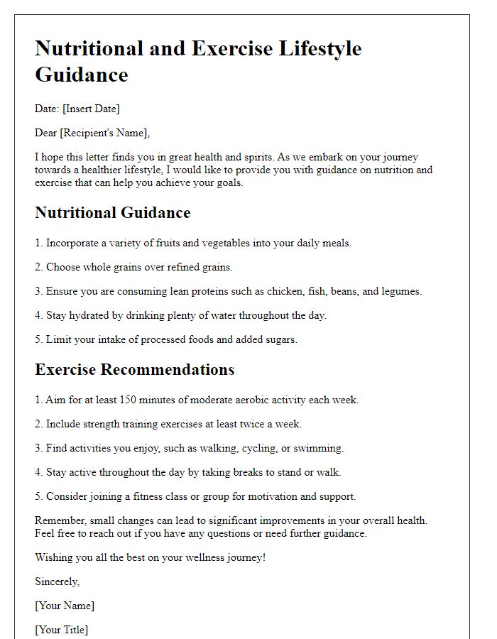 Letter template of nutritional and exercise lifestyle guidance.