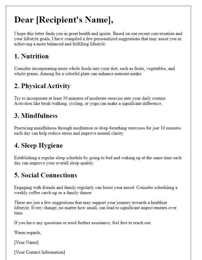 Letter template of personalized lifestyle adjustment suggestions.