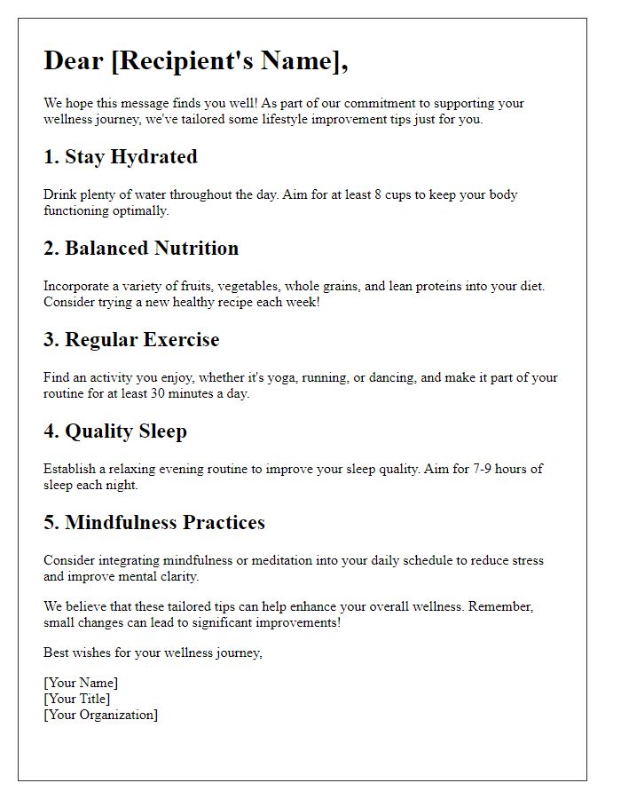 Letter template of tailored lifestyle improvement tips for wellness.