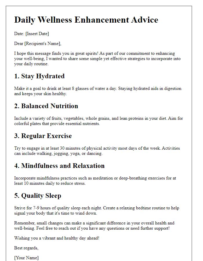 Letter template of wellness enhancement advice for daily living.