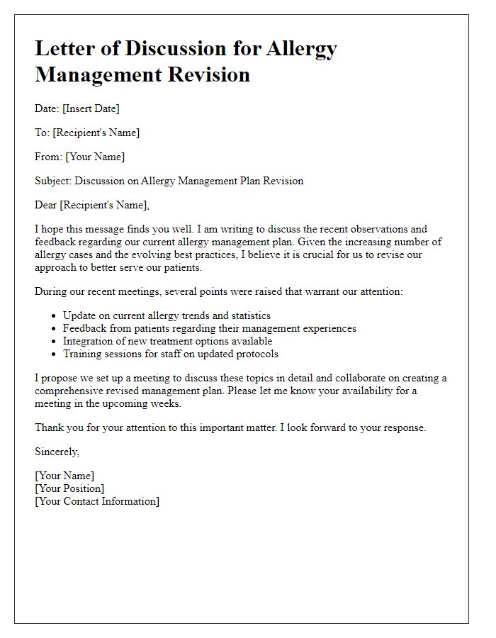 Letter template of discussion for allergy management revision