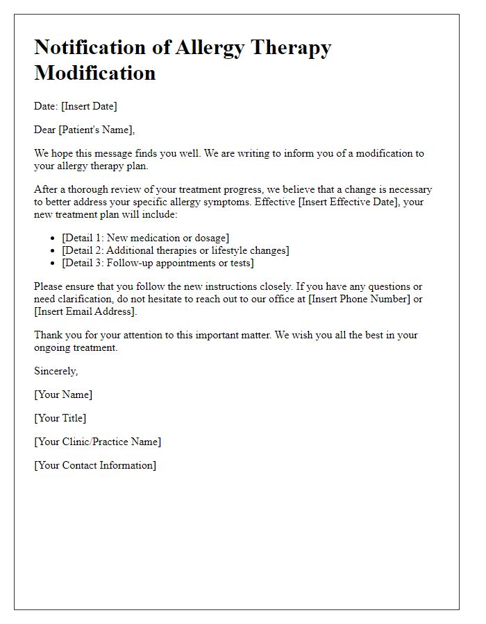 Letter template of notification for allergy therapy modification