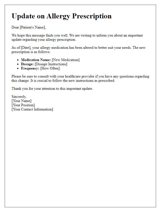 Letter template of update on allergy prescription alteration