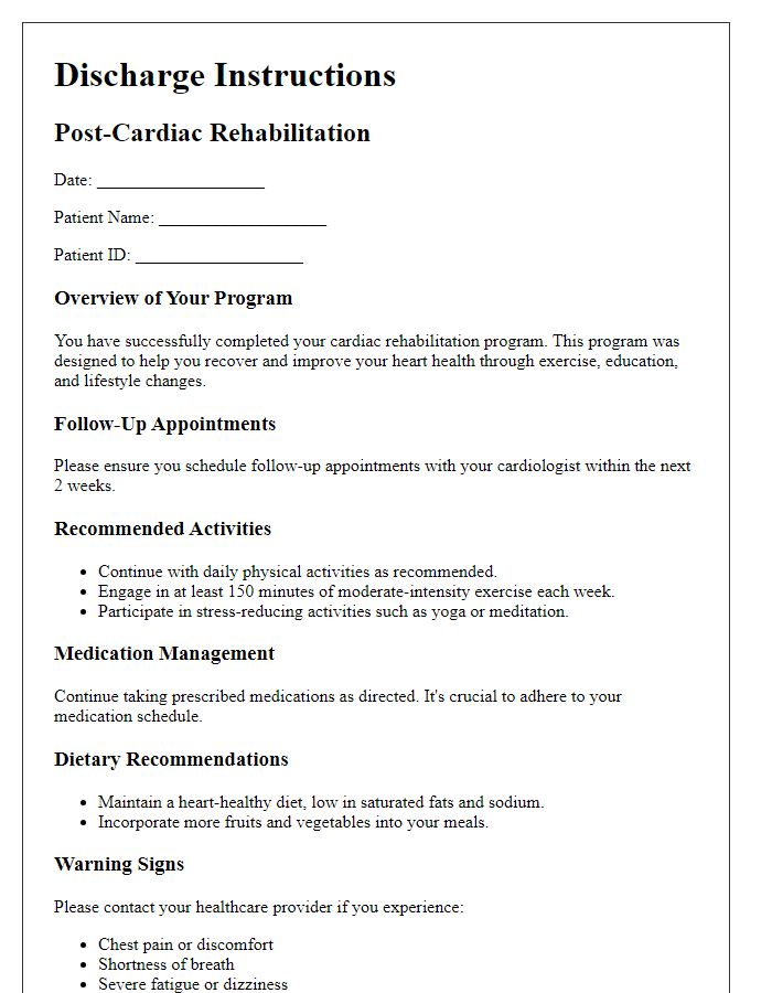 Letter template of discharge instructions post-cardiac rehabilitation