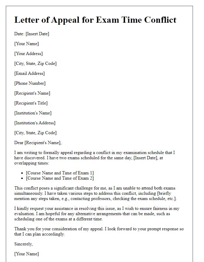 Letter template of appeal for resolving exam time conflict