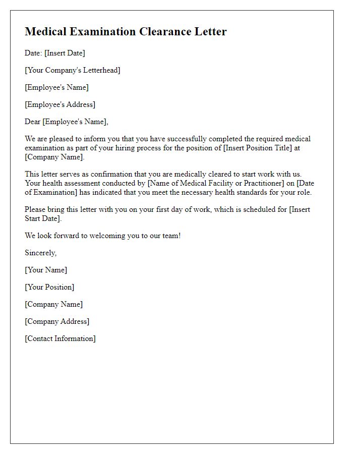 Letter template of medical examination clearance for new hire