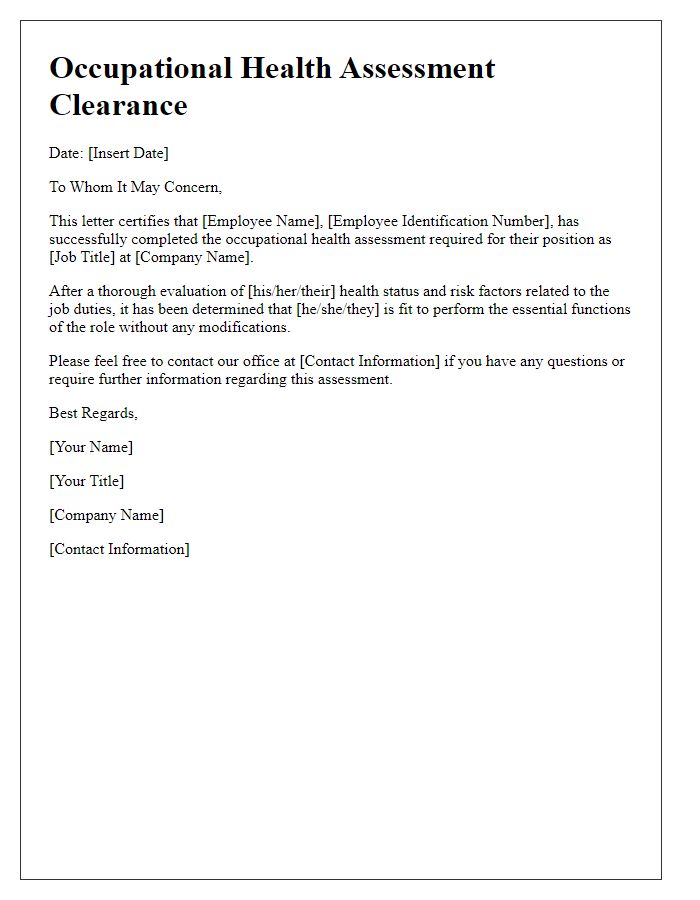 Letter template of occupational health assessment clearance