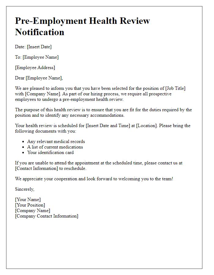 Letter template of pre-employment health review notification